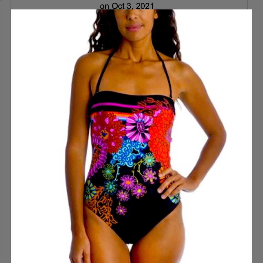 Black Floral & Stripe Bandeau One-Piece - Women